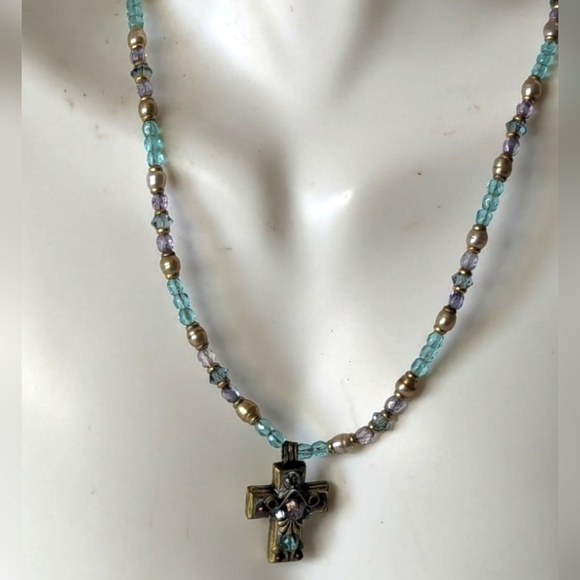 Vintage Michal Golan Handcrafted Semipreciius Stone Beads Ornate Cross Necklace - Picture 2 of 8